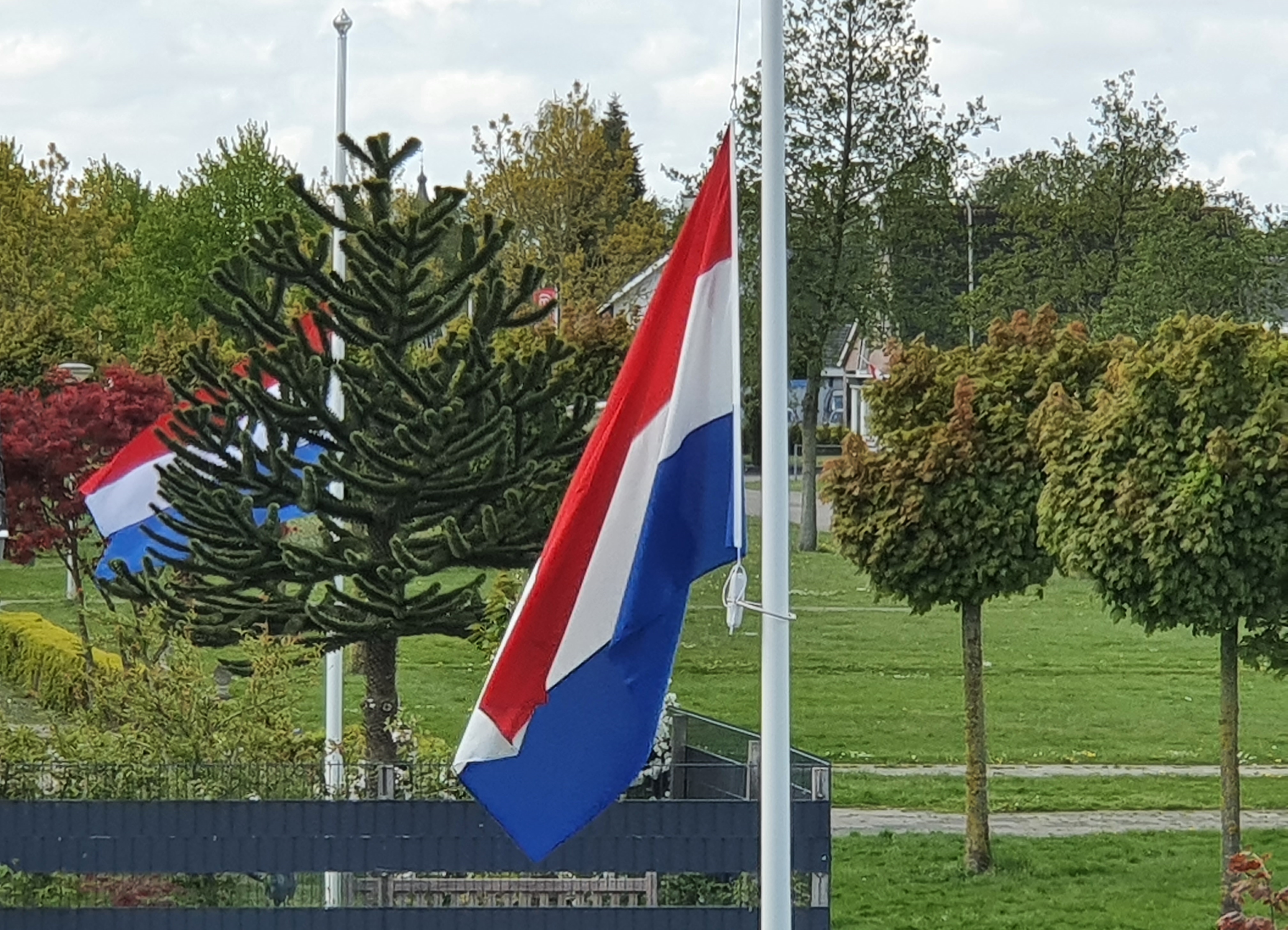 Red-white-blue flags on flagpoles