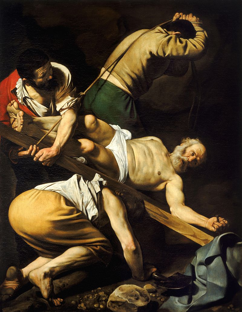 Schilderij met een man op een houten kruis en drie andere mannen die het kruis rechtop zetten
