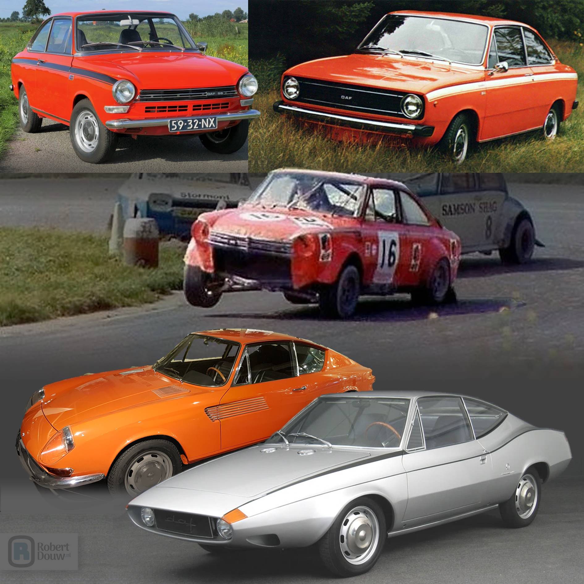 Een tekening en drie foto's van coupés.