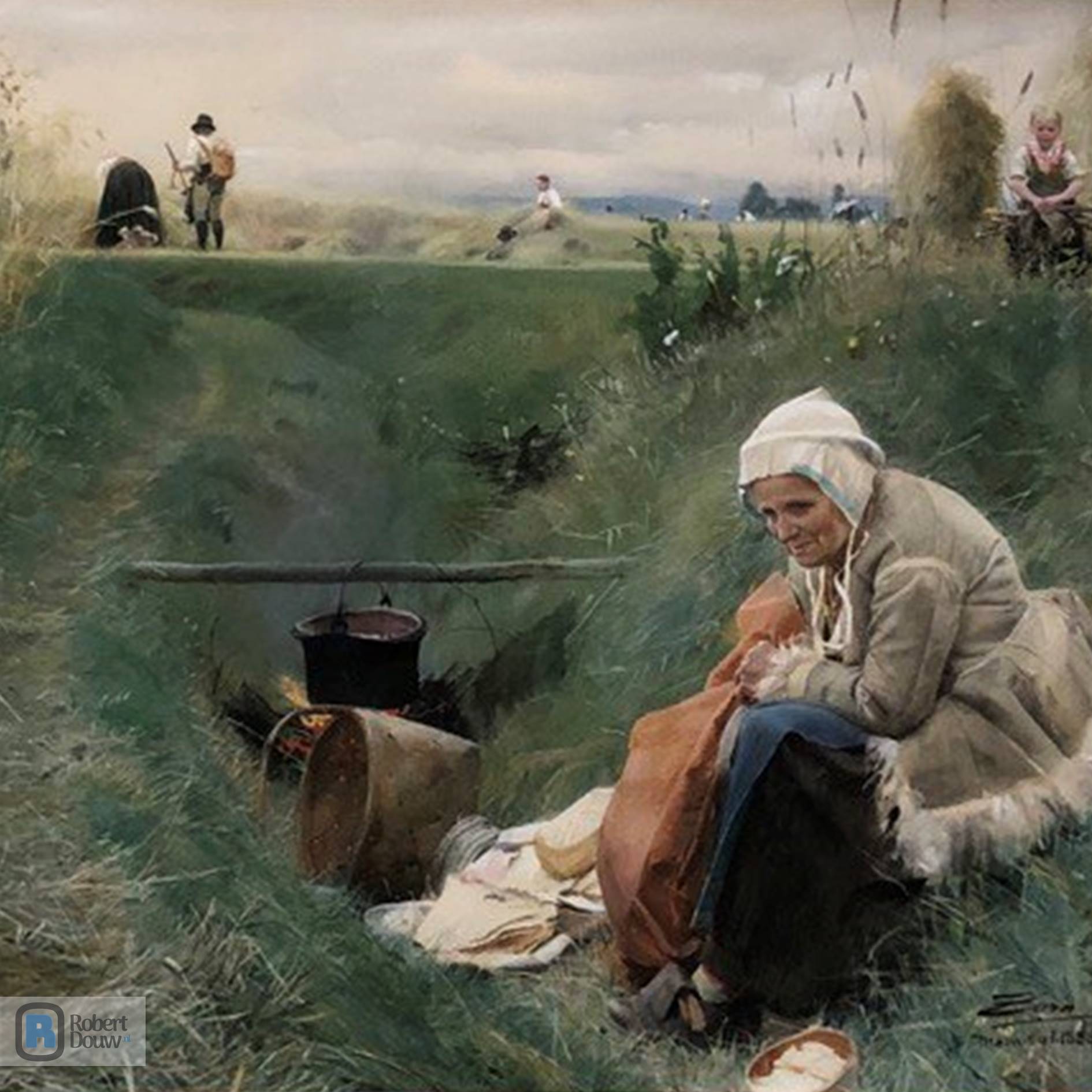 Oudere vrouw zittend in het gras.