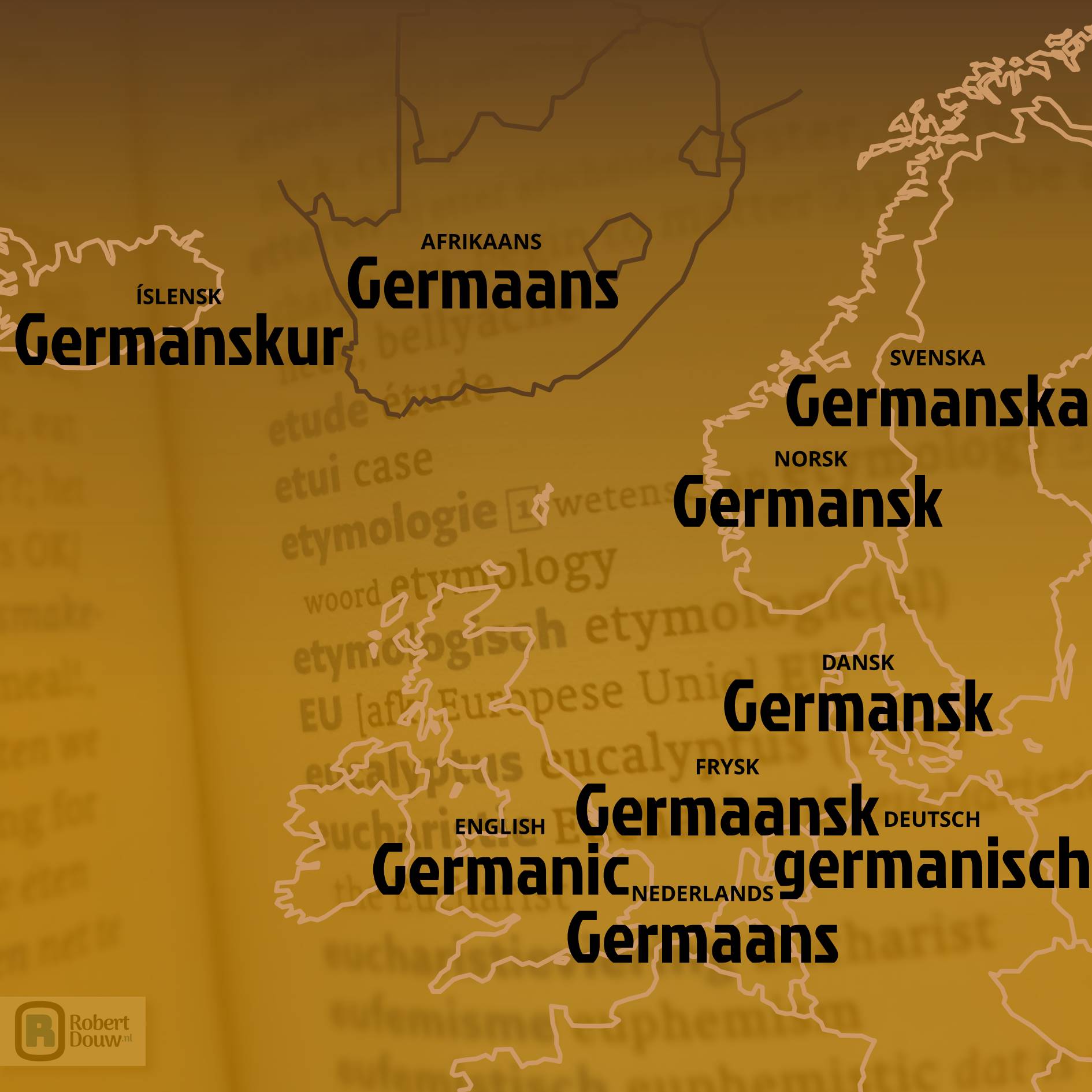 Het woord 'Germaans' in negen talen.