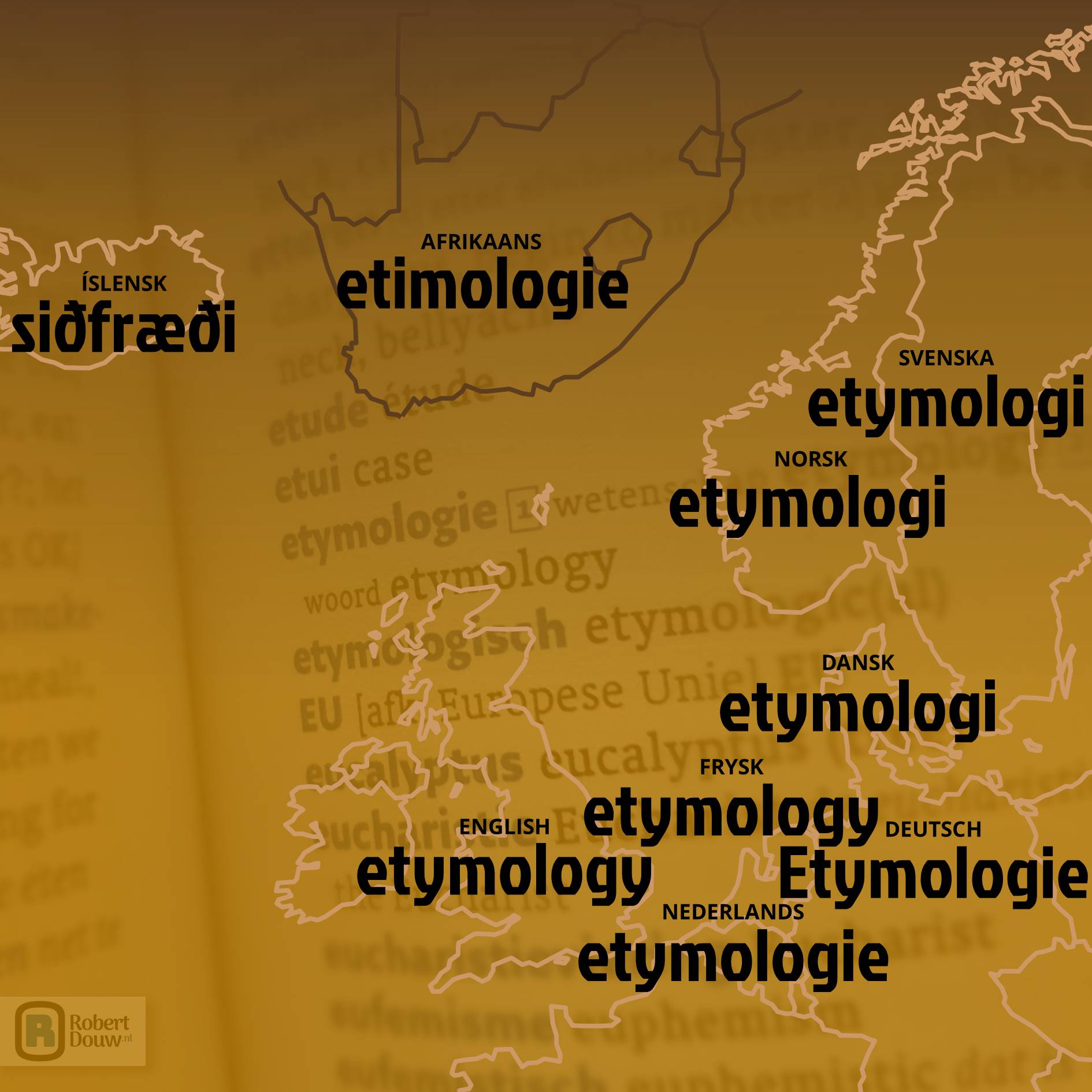 Het woord 'etymologie' in negen talen.
