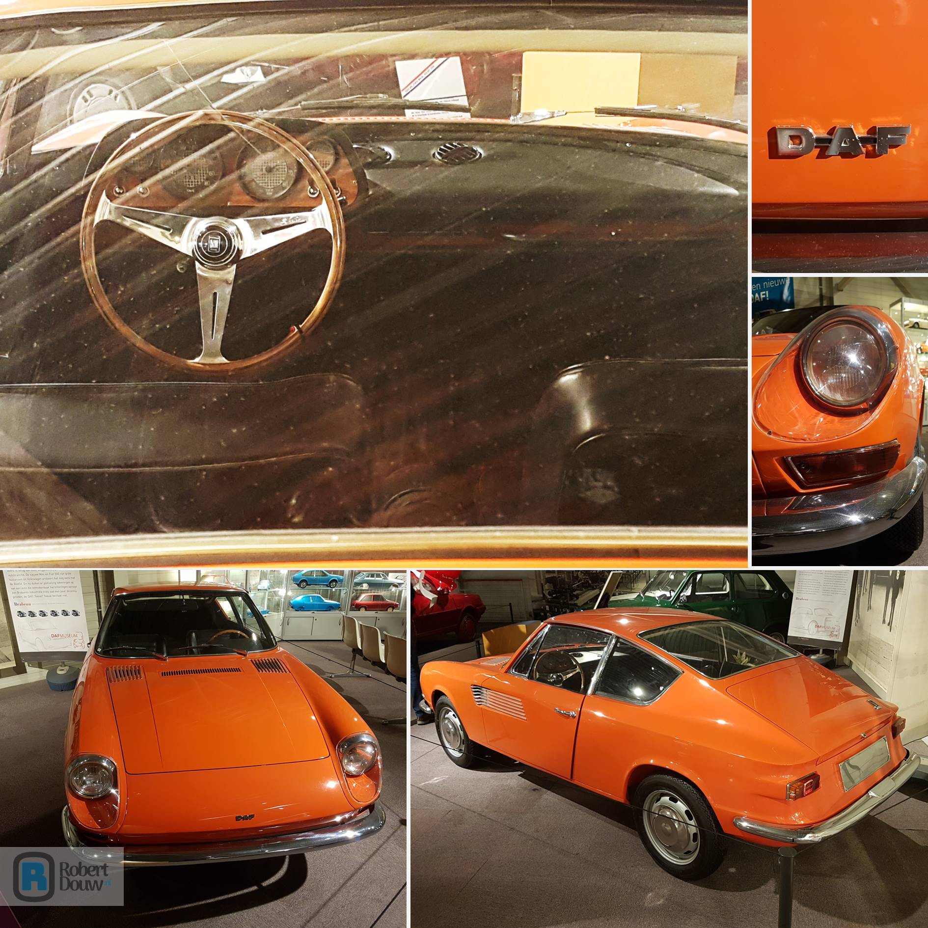 Vijf foto's van het in- en exterieur van een auto in een museum.