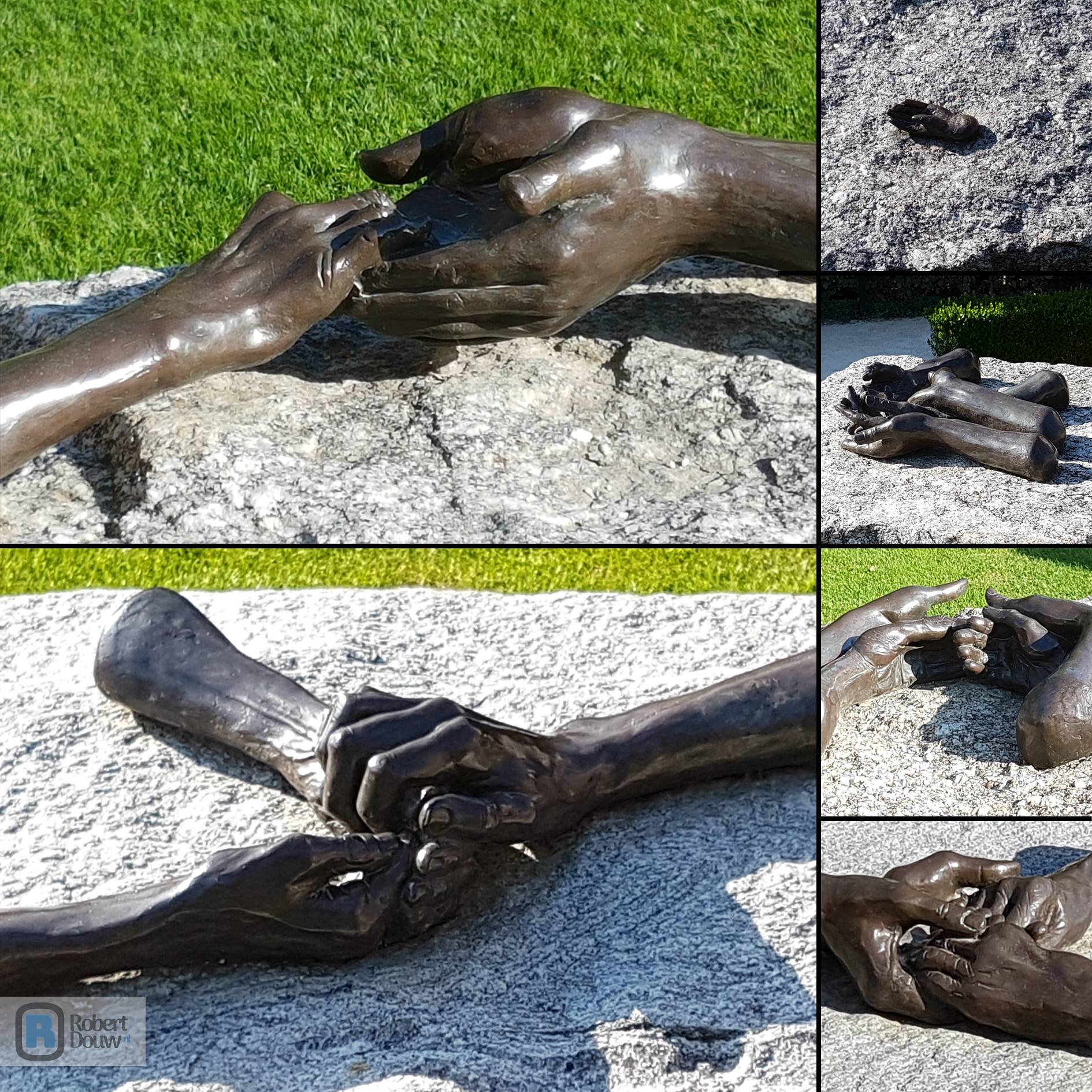 Meerdere foto's van verschillende sculpturen van handen die elkaar vasthouden.