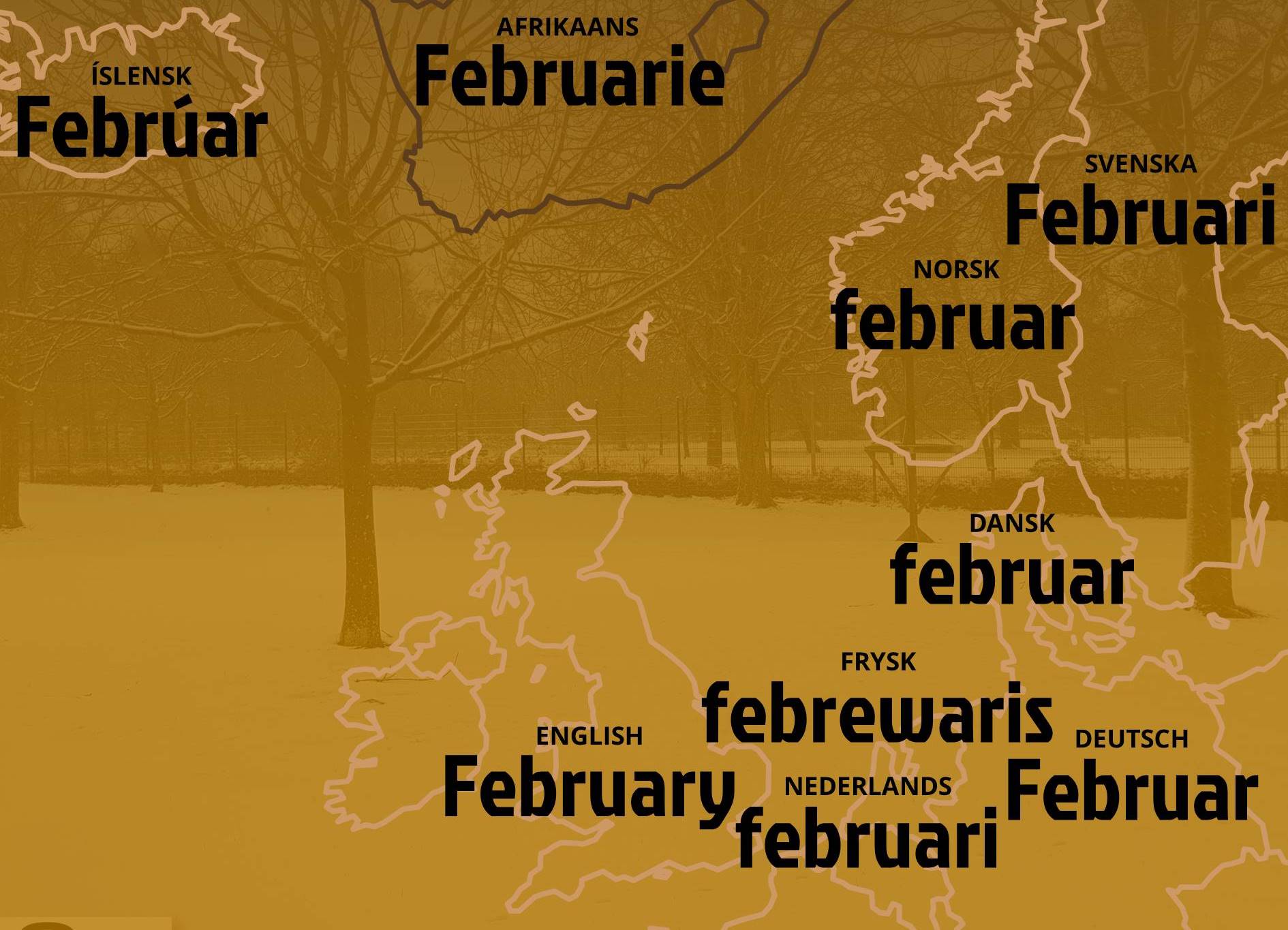Het woord 'februari' in negen talen.