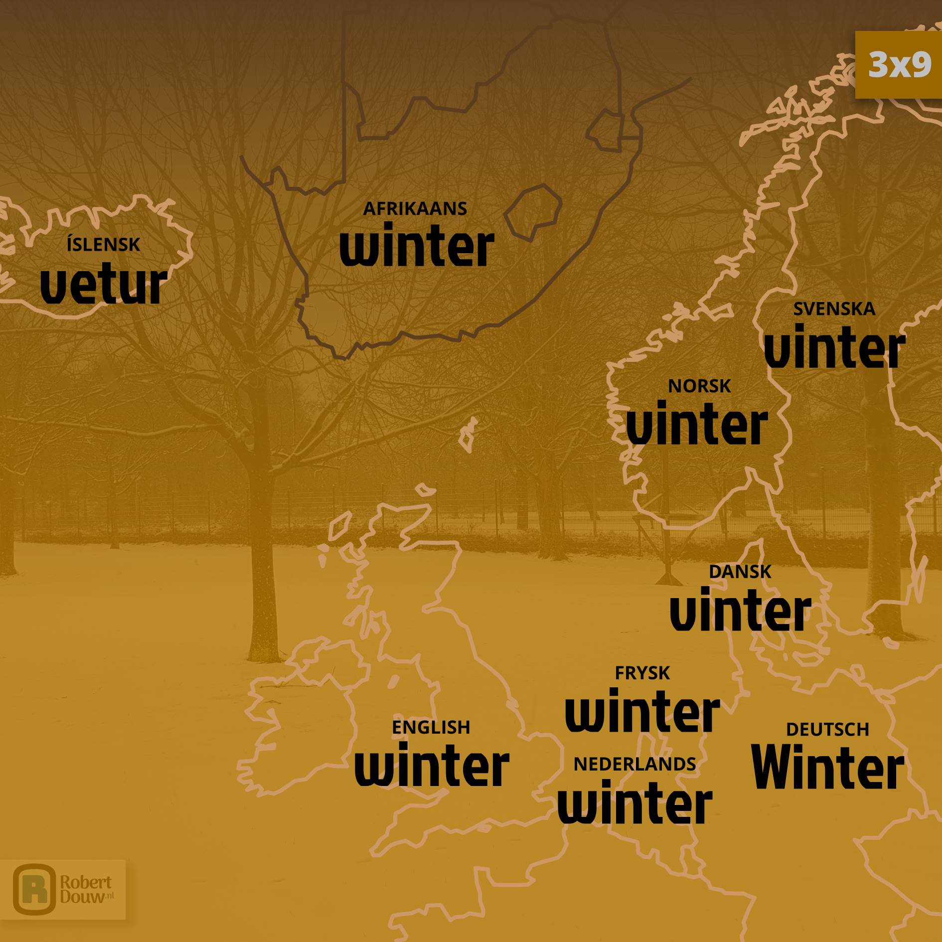 Het woord 'winter' in negen talen.