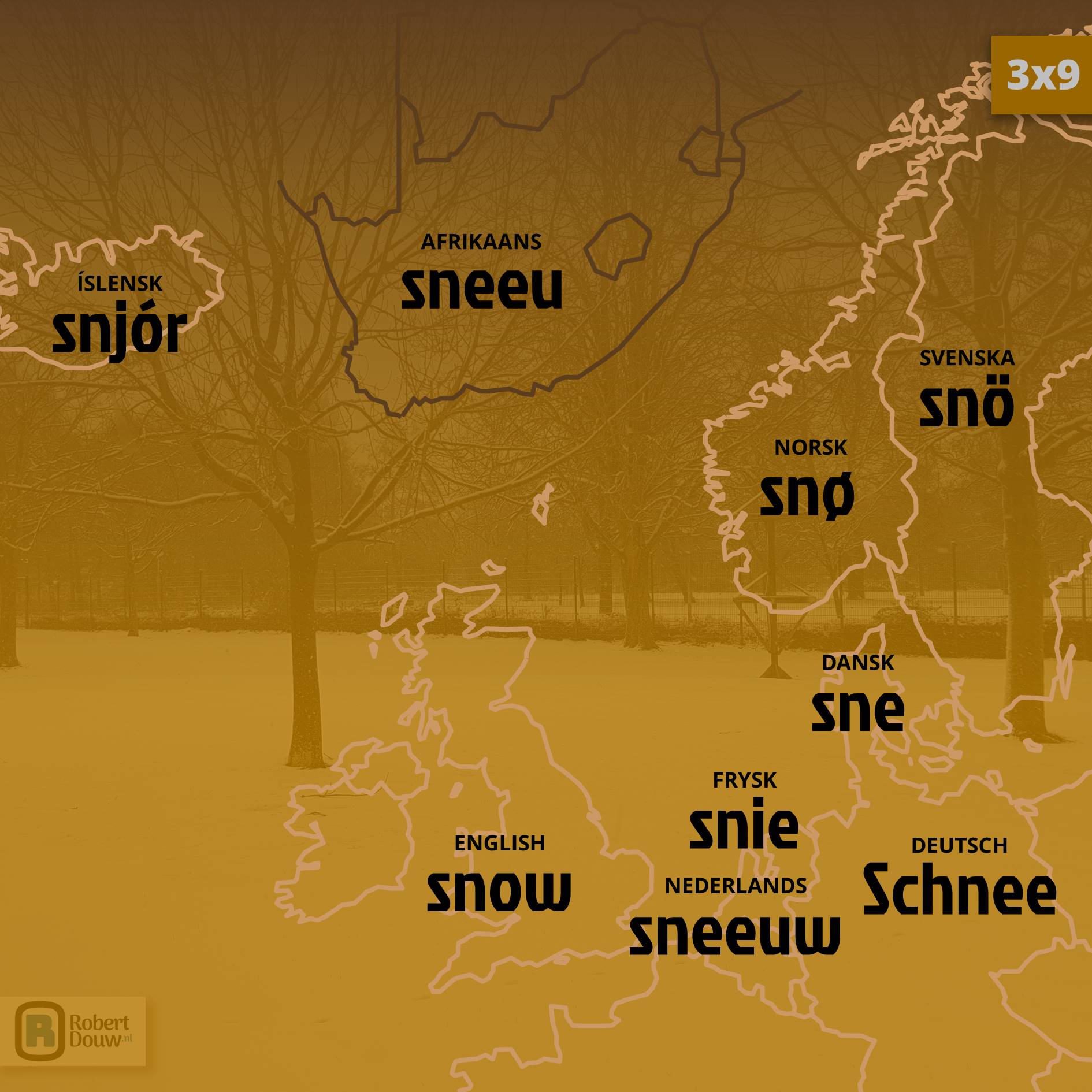 Het woord 'sneeuw' in negen talen.