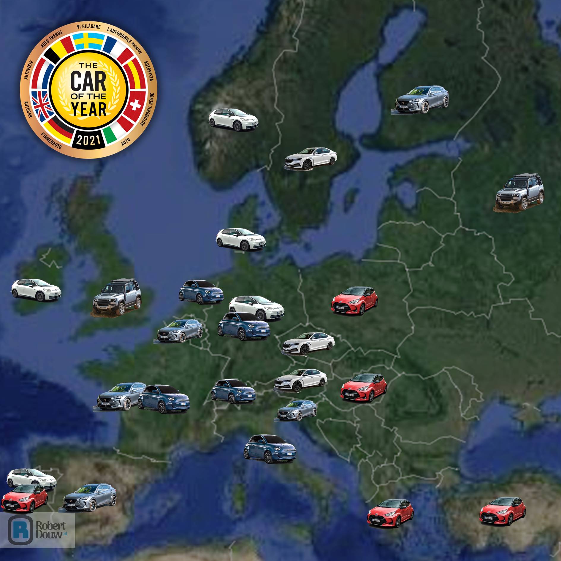 Plattegrond van Europa met plaatjes van auto's.