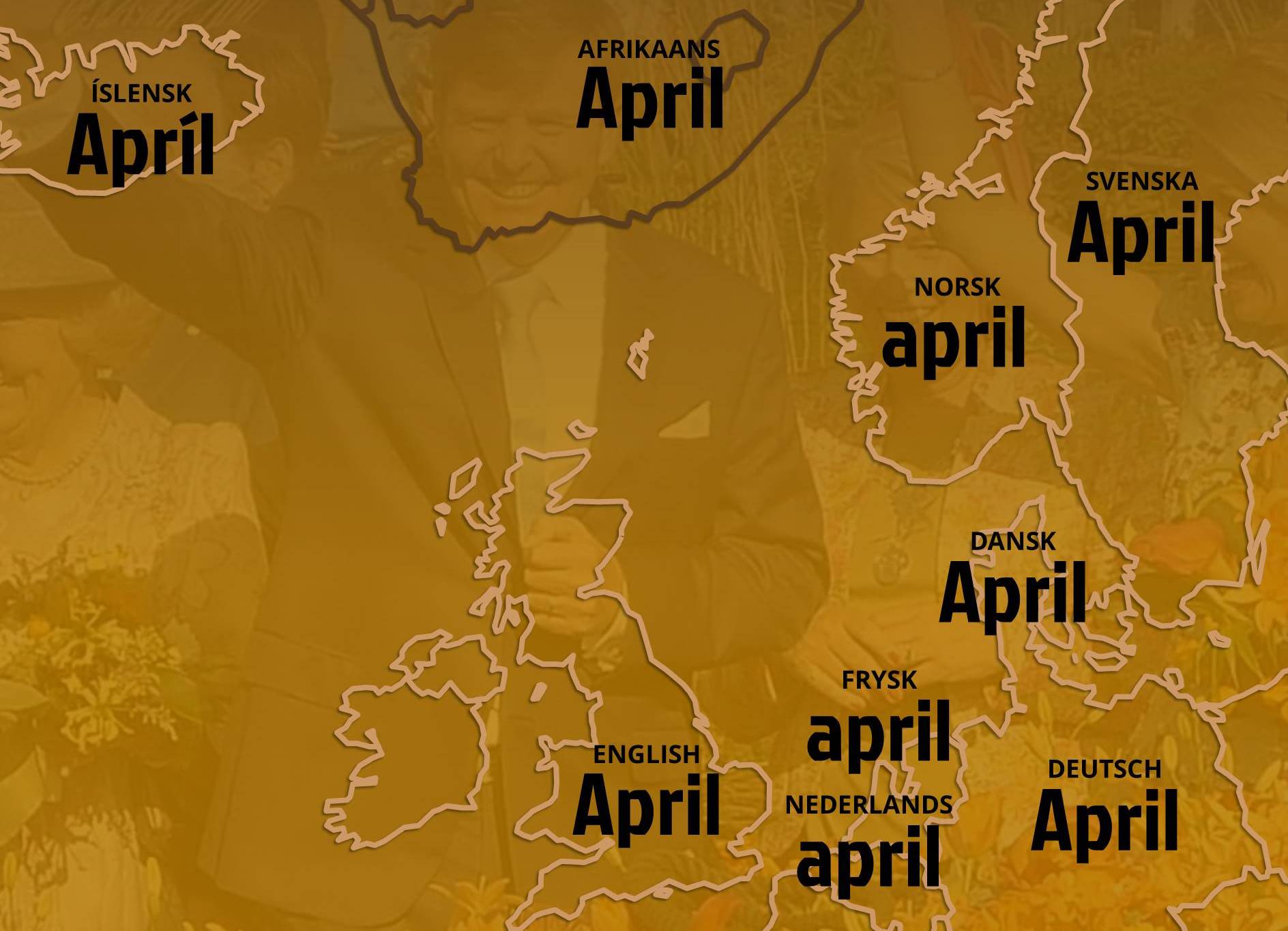 Het woord 'april' in negen talen.