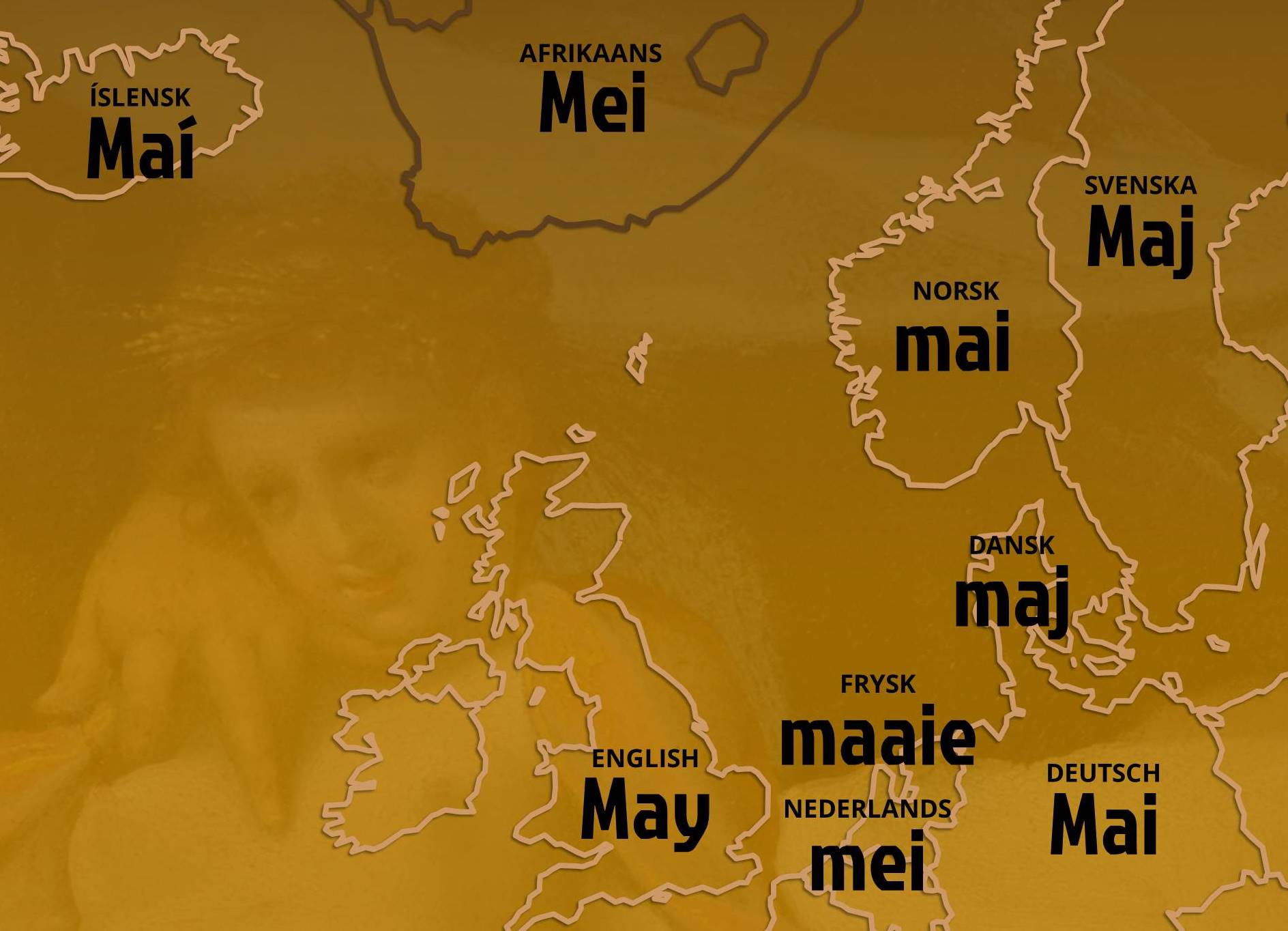 Het woord 'mei' in negen talen.