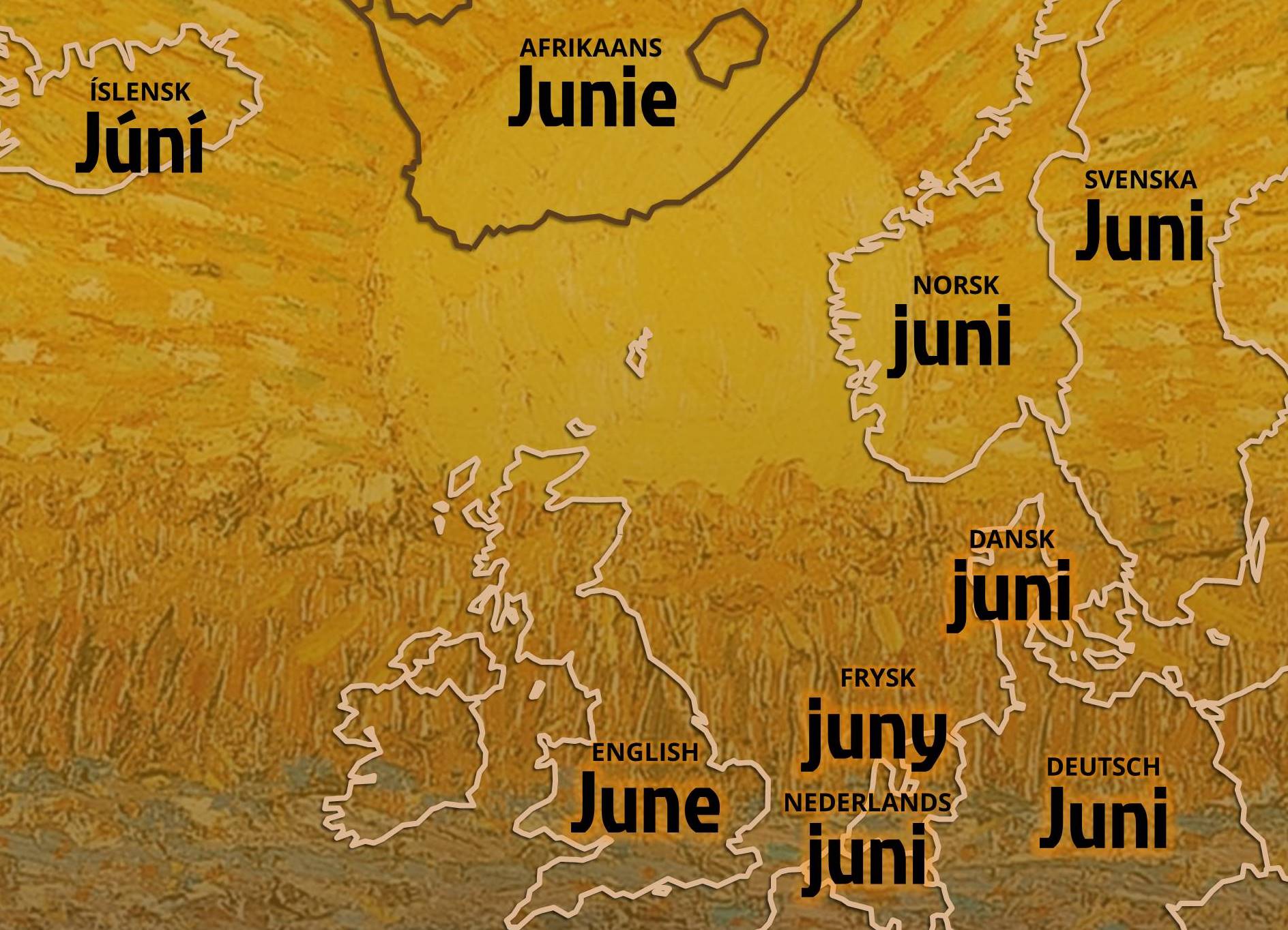 'June' in nine languages.