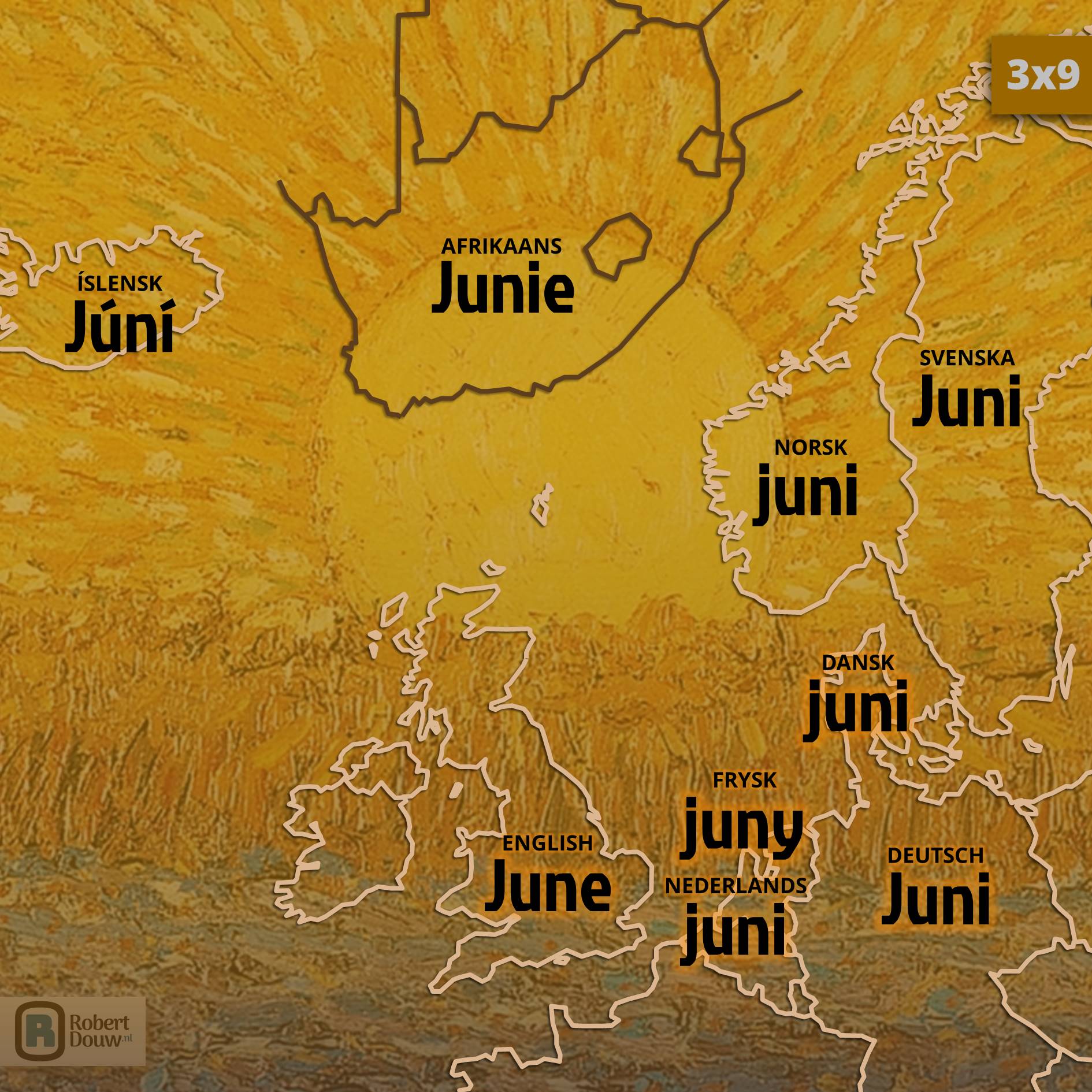 Het woord 'juni' in negen talen.