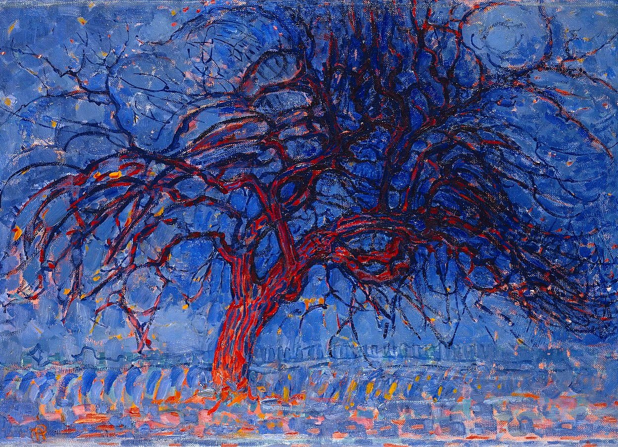 Schilderij met een gestileerde rode boom tegen een blauwe achtergrond