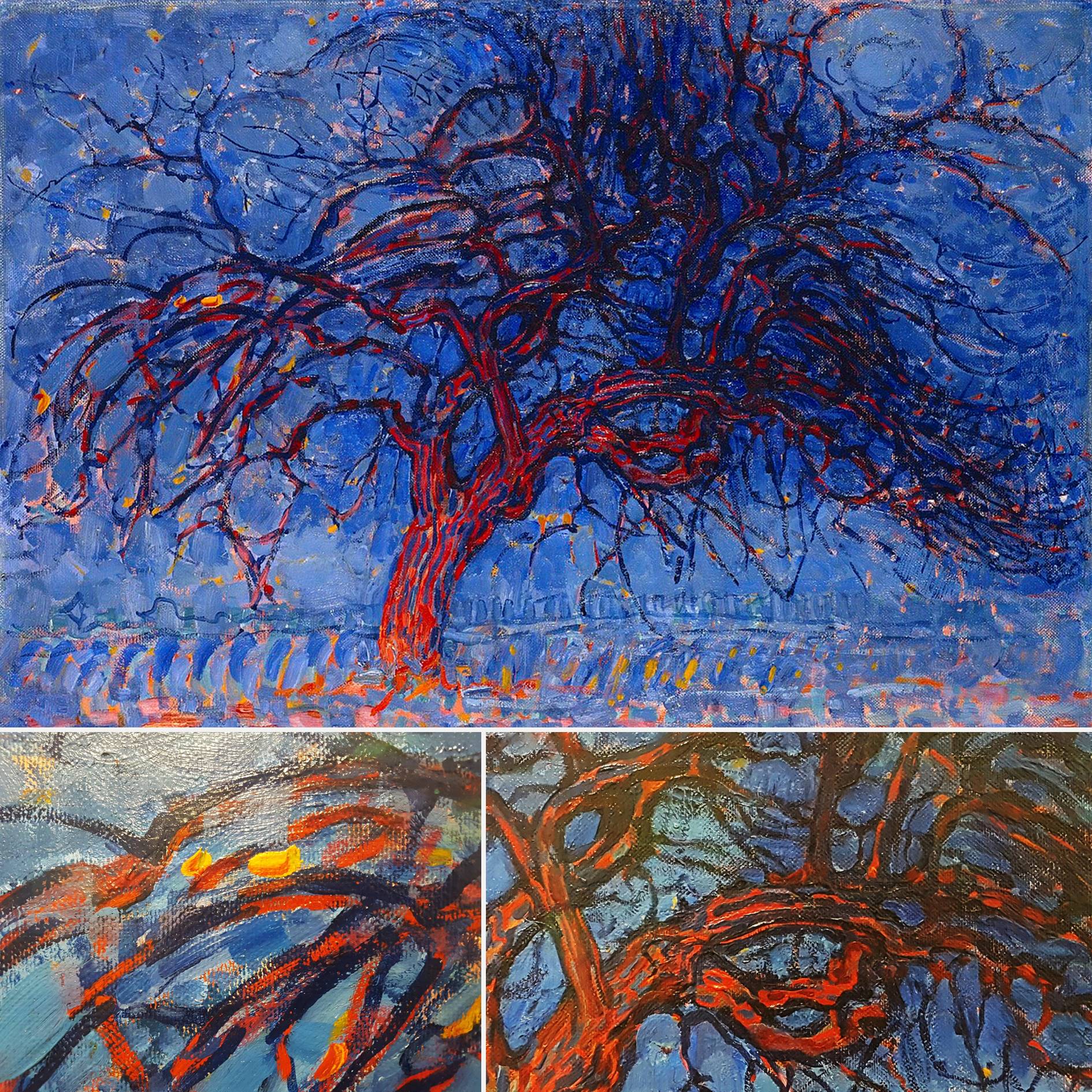 Painting with a stylized red tree against a blue background