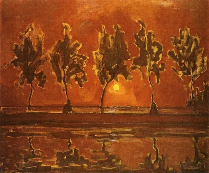 Schilderij met vijf bomen en maan in oranje- en bruintinten