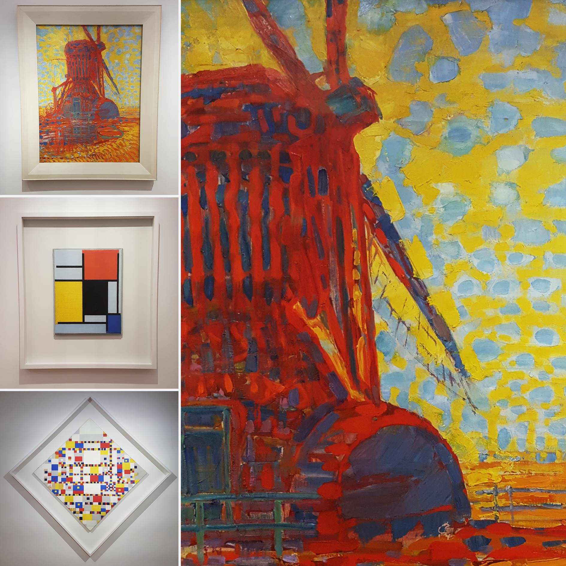 Drie schilderijen van Mondriaan onder elkaar met daarnaast een uitvergroot detail
