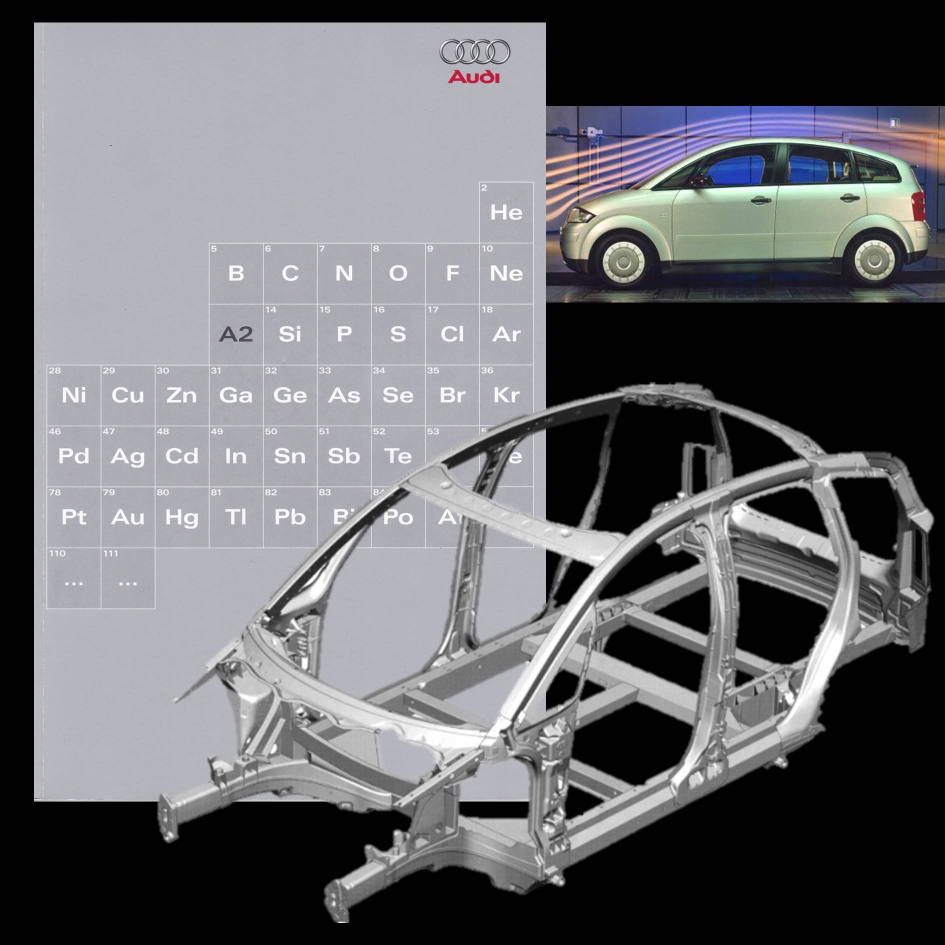 Aluminium frame voor een auto, zilverkleurige brochure en een auto van de zijkant gezien met grafische weergave van luchtstromen