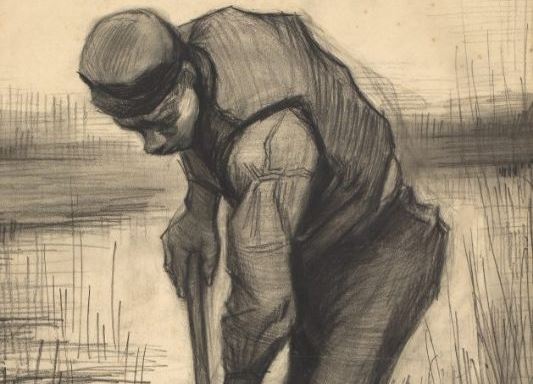 Chalk drawing of a man with a shovel