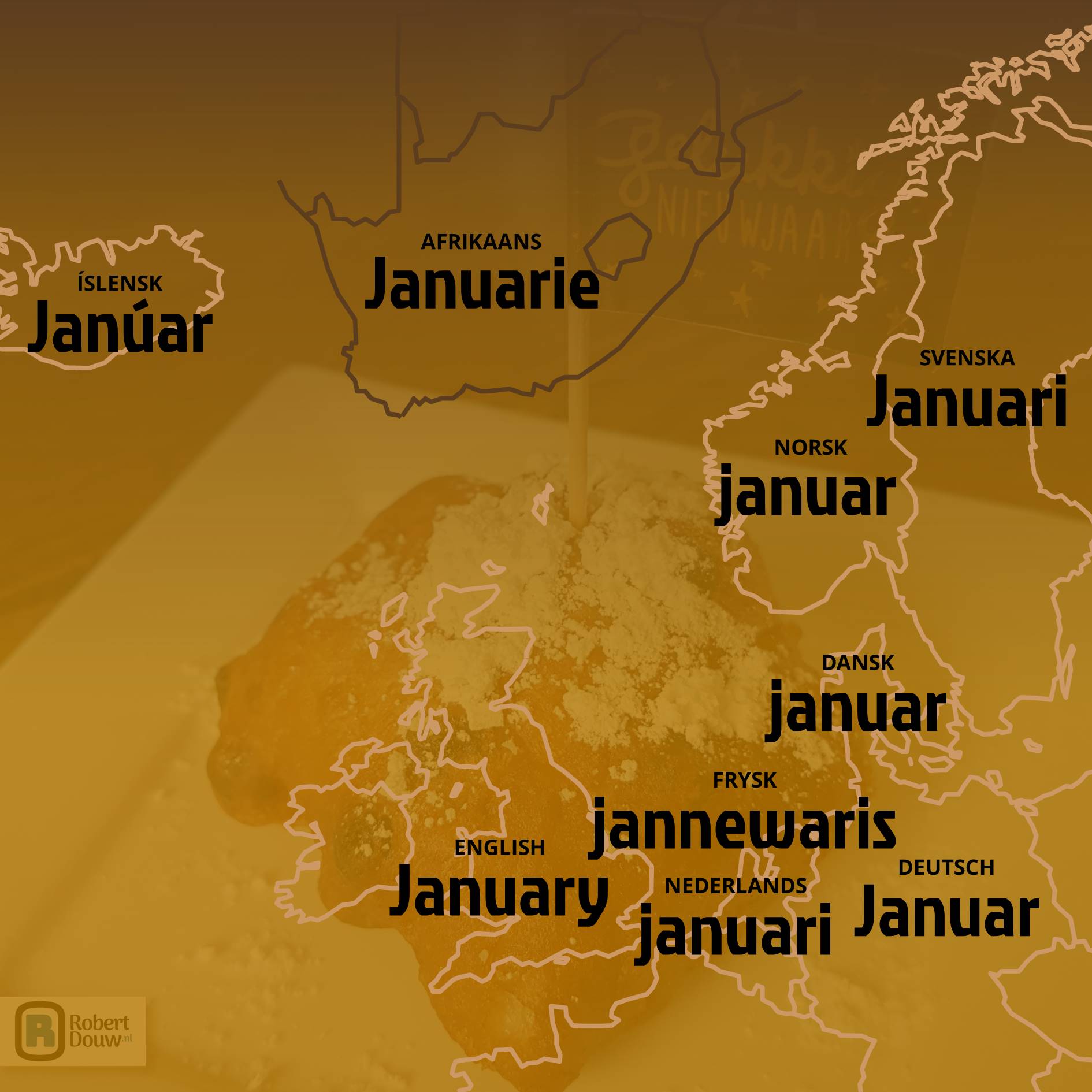 Het woord 'januari' in negen talen.