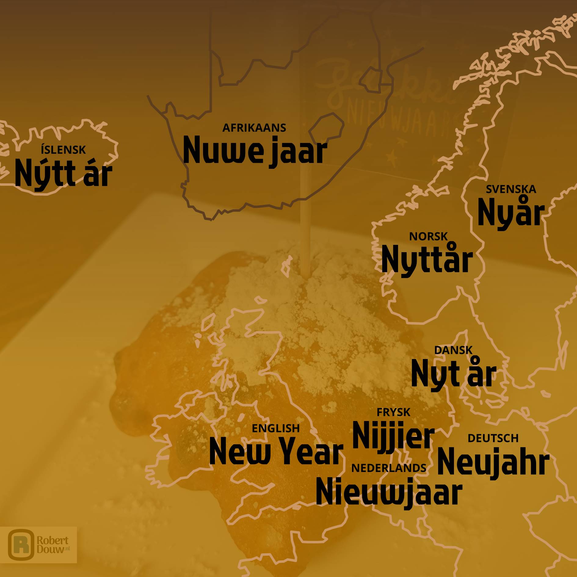 Het woord 'Nieuwjaar' in negen talen.