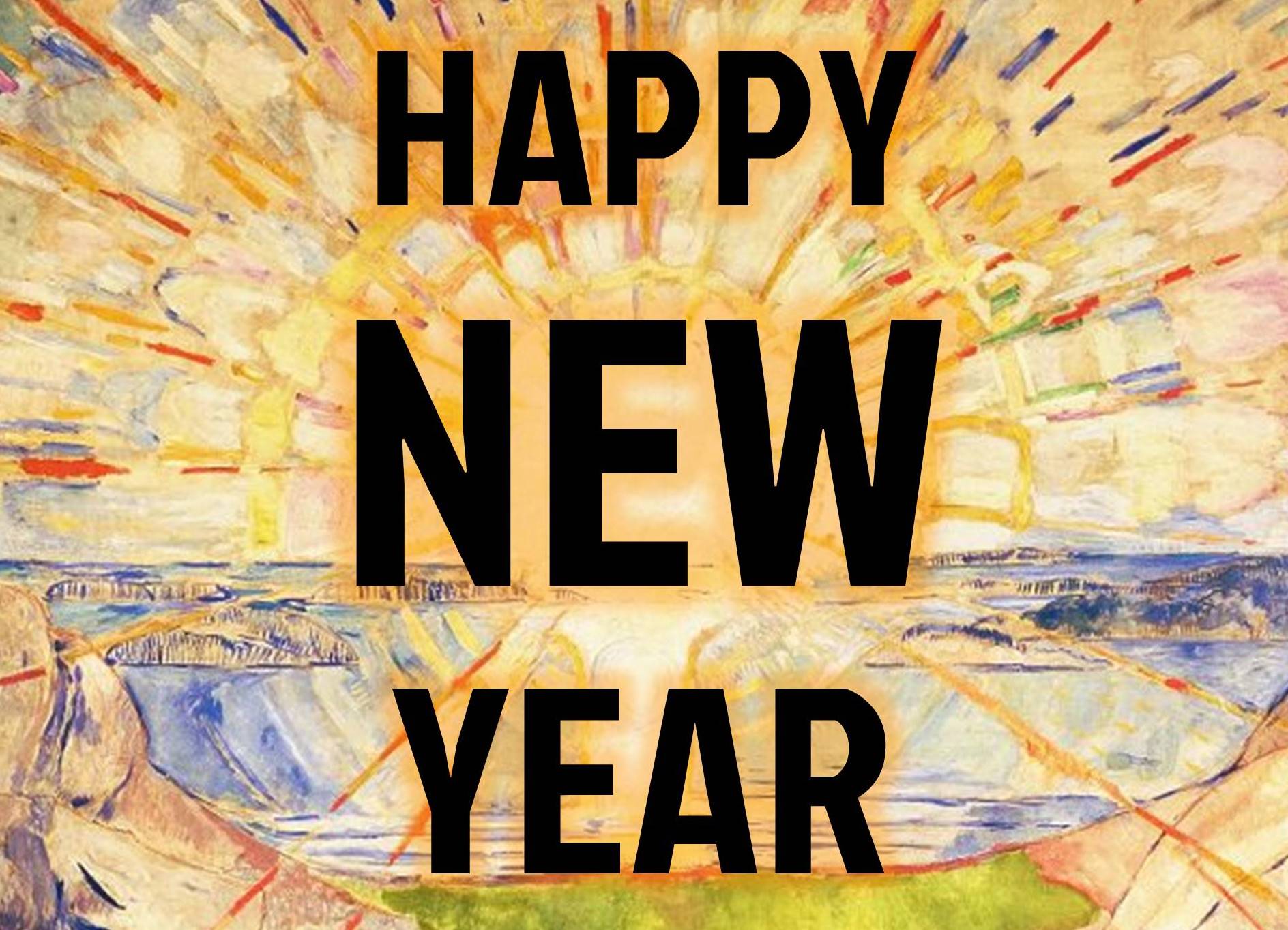Schilderij van fel stralende opkomende zon met daarover de tekst 'HAPPY NEW YEAR'.