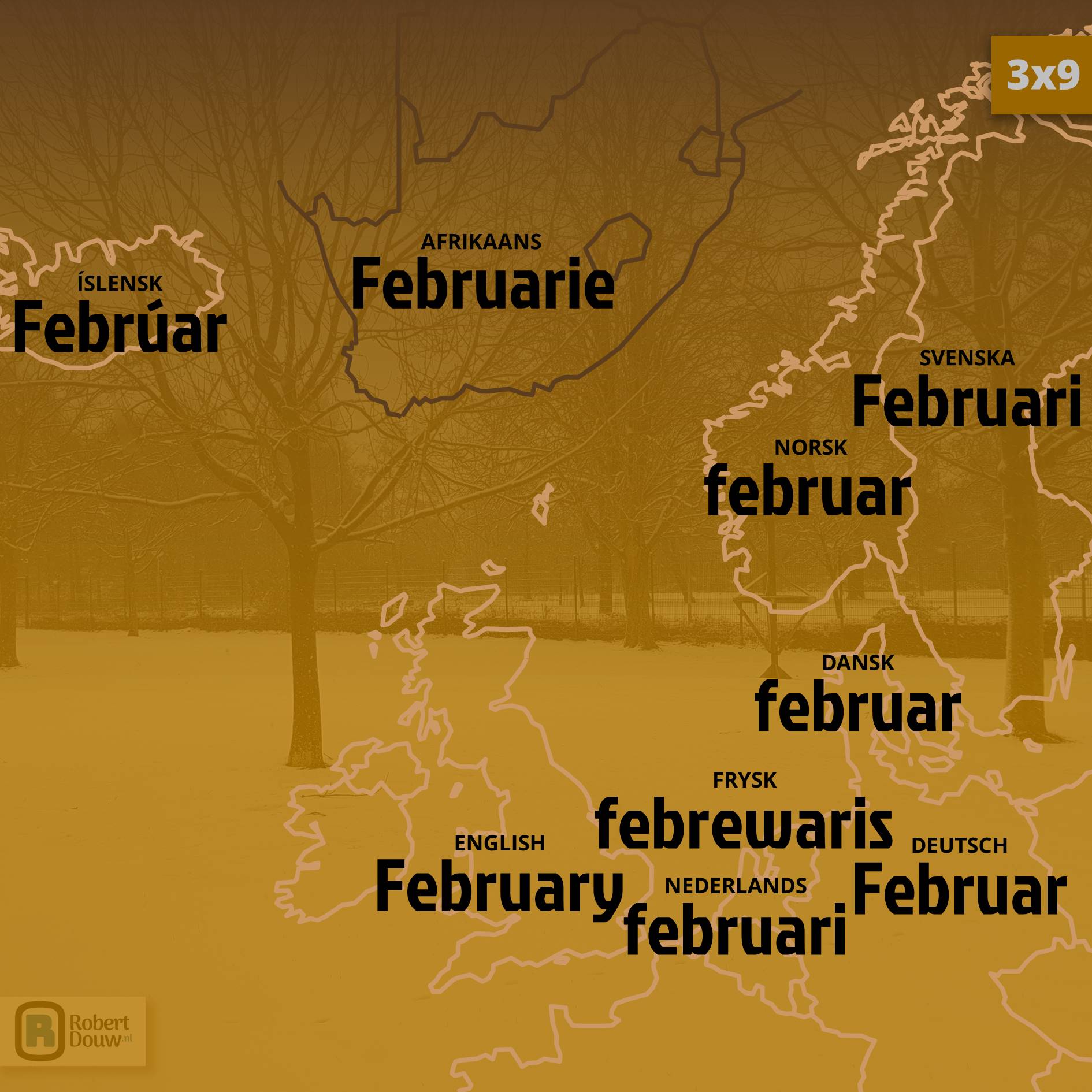 Het woord 'februari' in negen talen.