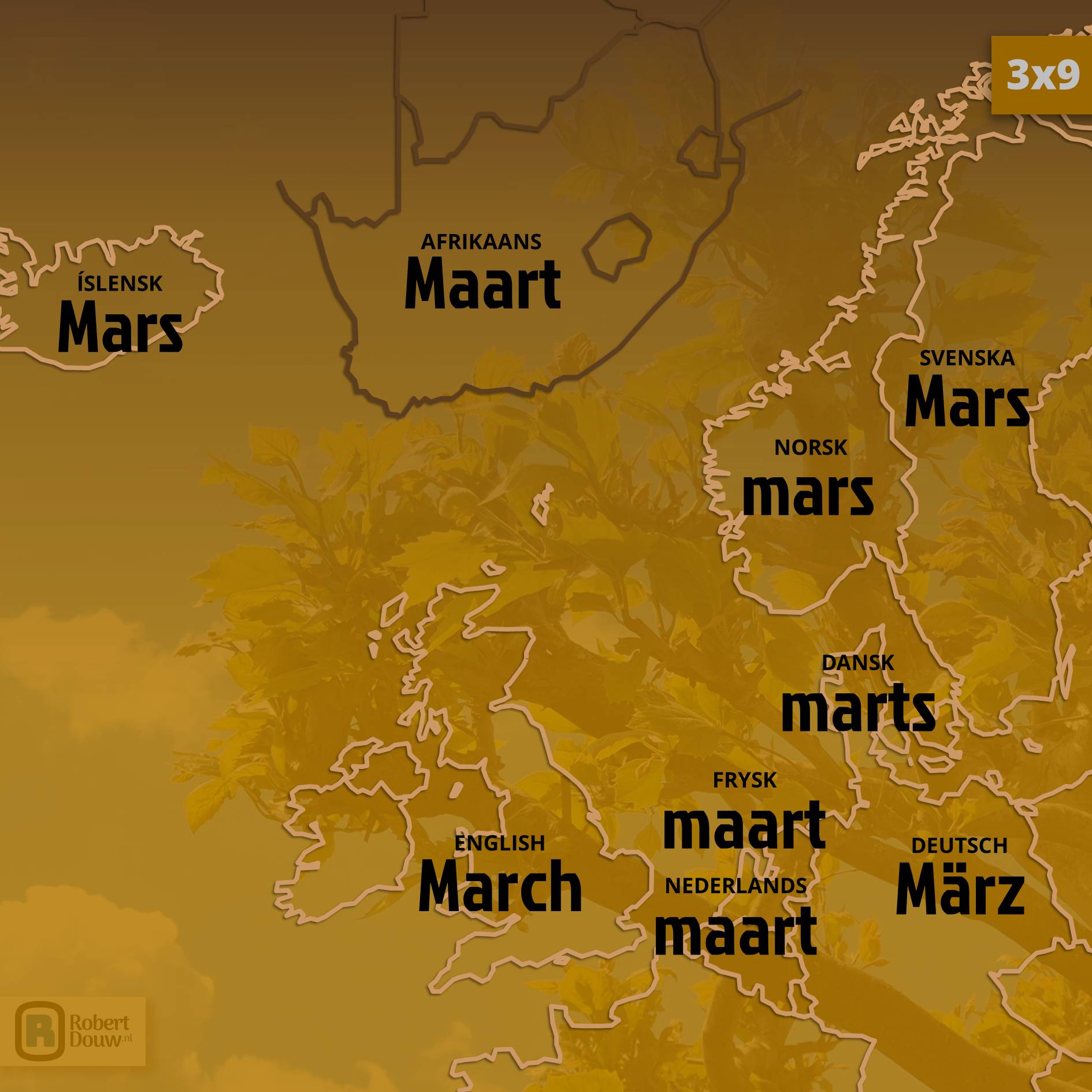 Het woord 'maart' in negen talen.